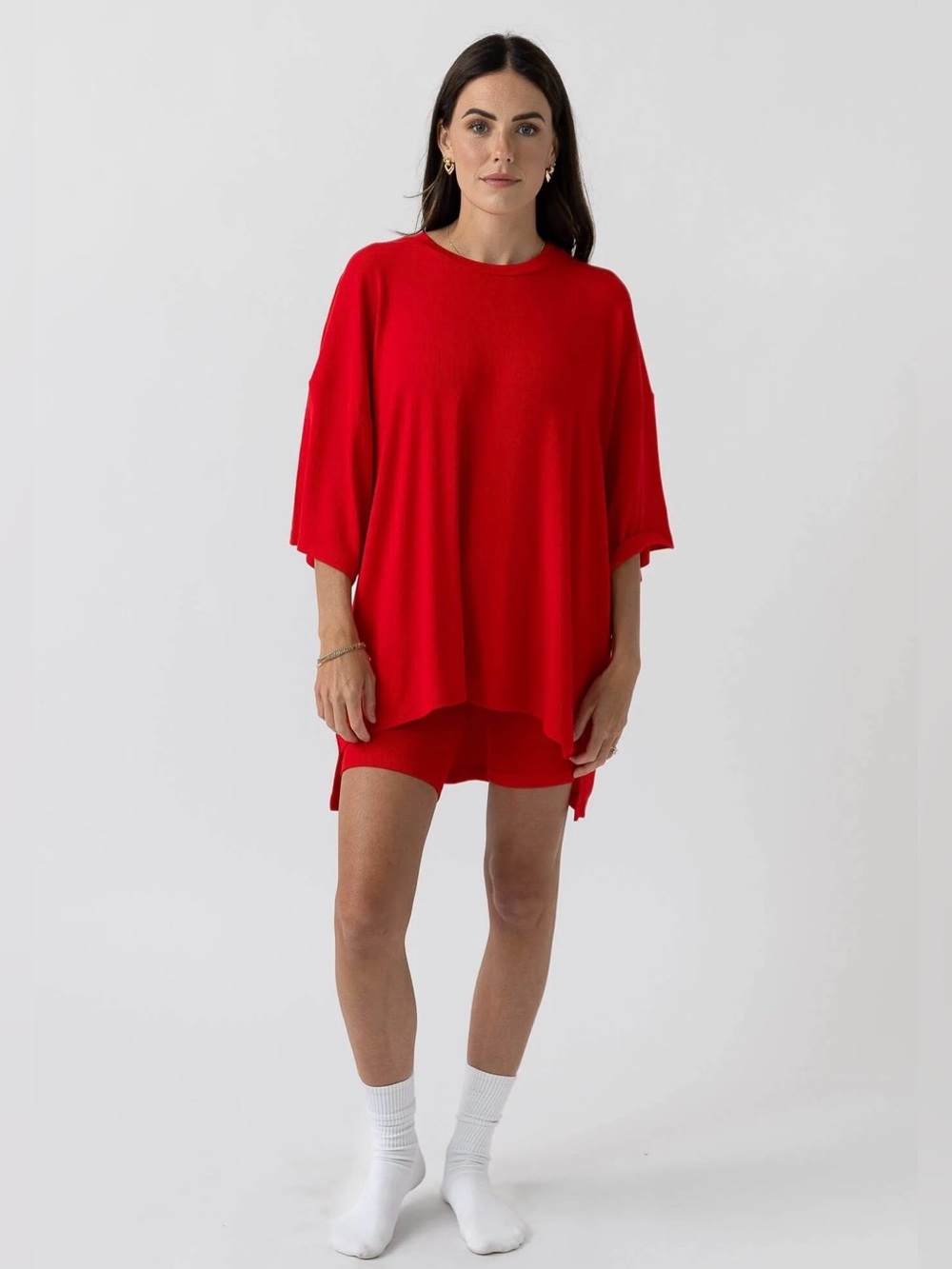 ✨ Foxy Kind Oversized Red Boxy Tee S/M Relaxed Lounge Top Minimalist Chic‎ ❤️✨
